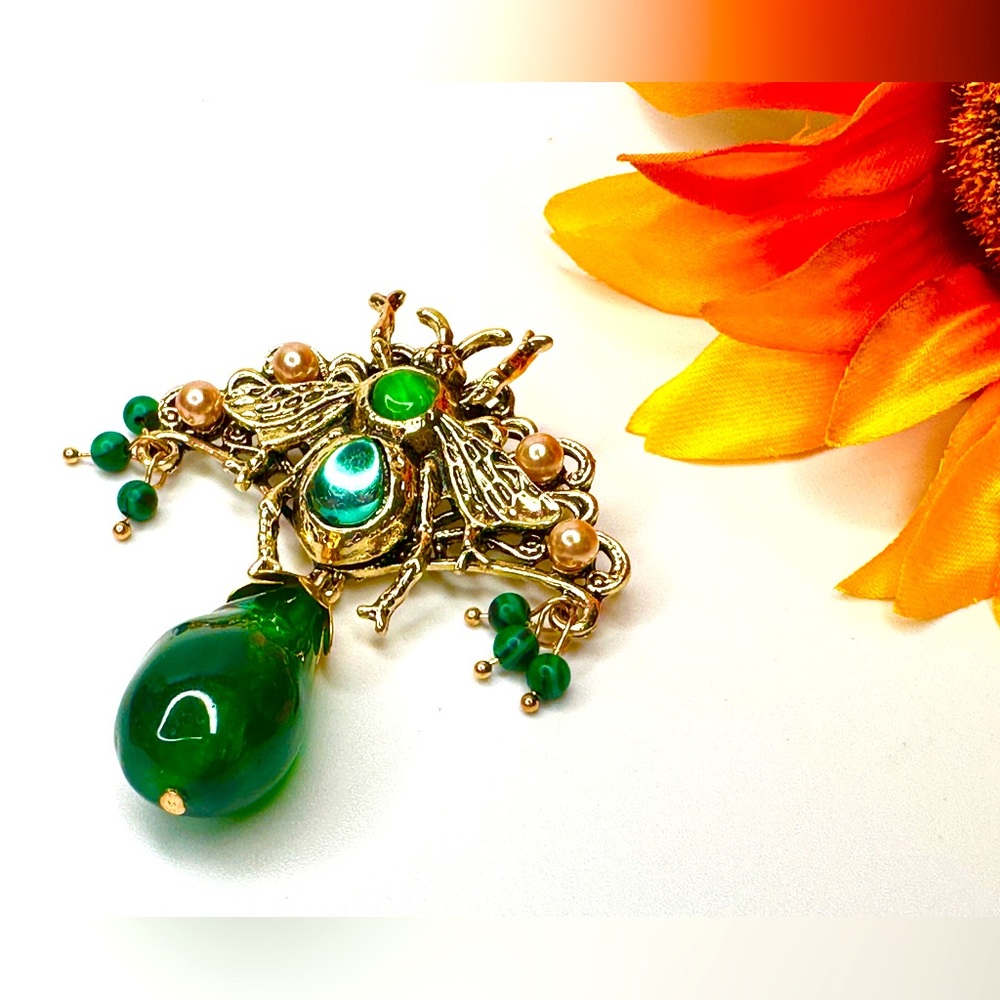 Art Nouveau Styled Green and 24K Gold Hand Painted Bee with Faux Pearls …